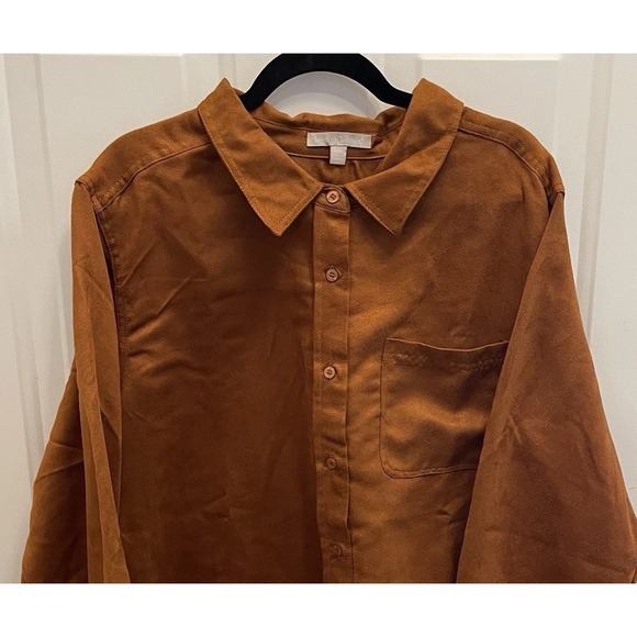 Women Within Tops - Woman‎ Within Brown Faux Suede Button Up Top Caramel Womens 26 28 Old Money